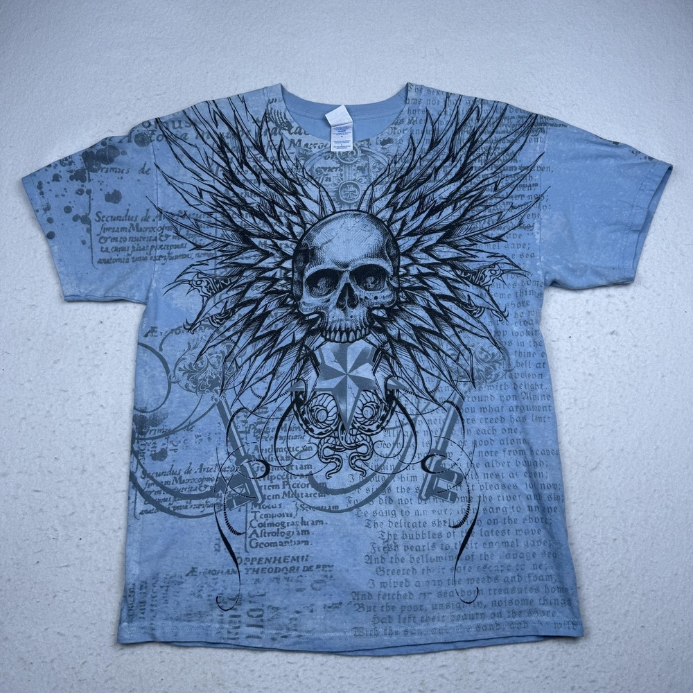 M&O Knits Shirt Mens Large Blue Heavyweight Skull Wings Tattoo Graphic Tee